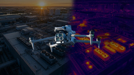 Commercial thermal drone inspecting an industrial facility with side-by-side thermal and visible camera views.