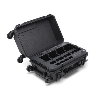 Open DJI BS65 intelligent battery station with multiple charging slots for Matrice 350 batteries