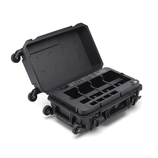 Open DJI BS65 intelligent battery station with multiple charging slots for Matrice 350 batteries