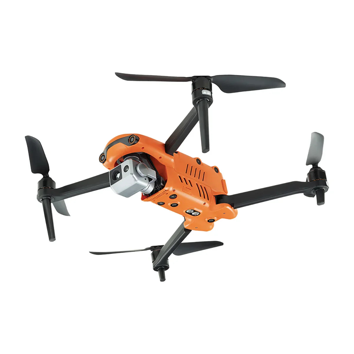 
Orange drone with extended propellers and underside camera view.