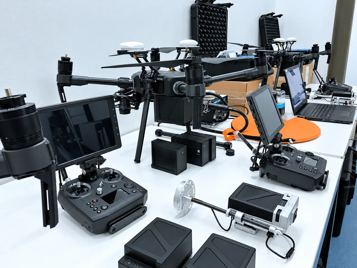 Enterprise drones and payloads on display inside DroneFly's Chatsworth store.