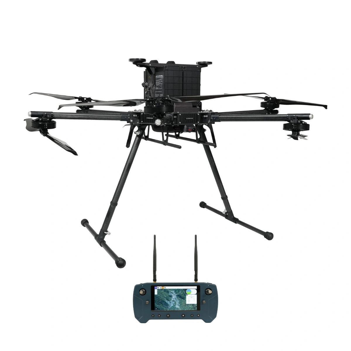 Inspired Flight IF1200A with Blue Herelink Ground Control Station, IF1200A drone beside a blue Herelink controller