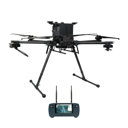 Inspired Flight IF1200A with Blue Herelink Ground Control Station, IF1200A drone beside a blue Herelink controller