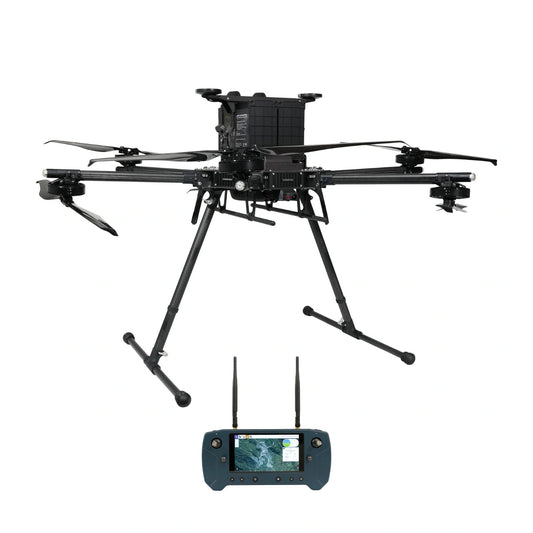 Inspired Flight IF1200A with Blue Herelink Ground Control Station, IF1200A drone beside a blue Herelink controller