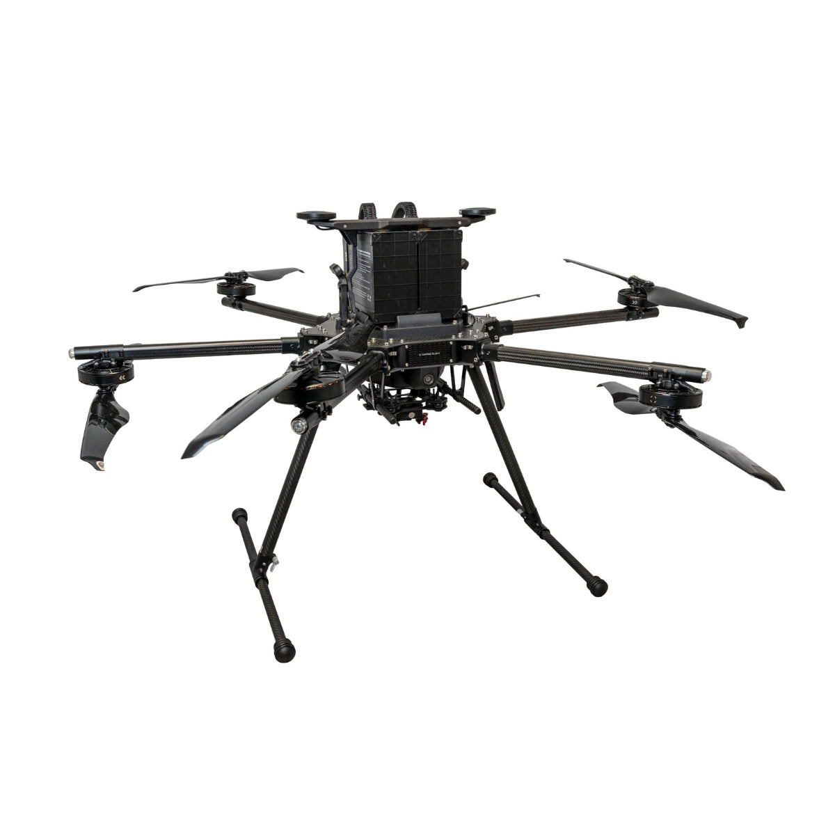 Inspired Flight IF1200A with Blue Herelink Ground Control, front three-quarter view with arms and landing gear extended