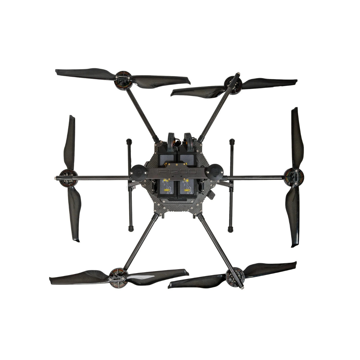 Inspired Flight IF1200A with Blue Herelink Ground Control Station, top view showing the central frame and folded arms