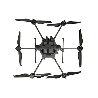 Inspired Flight IF1200A with Blue Herelink Ground Control Station, top view showing the central frame and folded arms