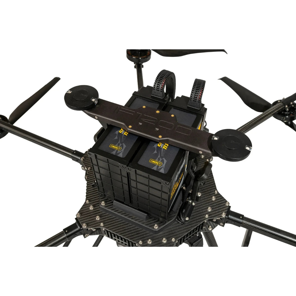 Inspired Flight IF1200A with Blue Herelink Ground Control Station, close-up of the dual battery bay and power connectors