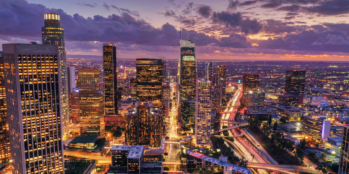 Los Angeles skyline at sunset.