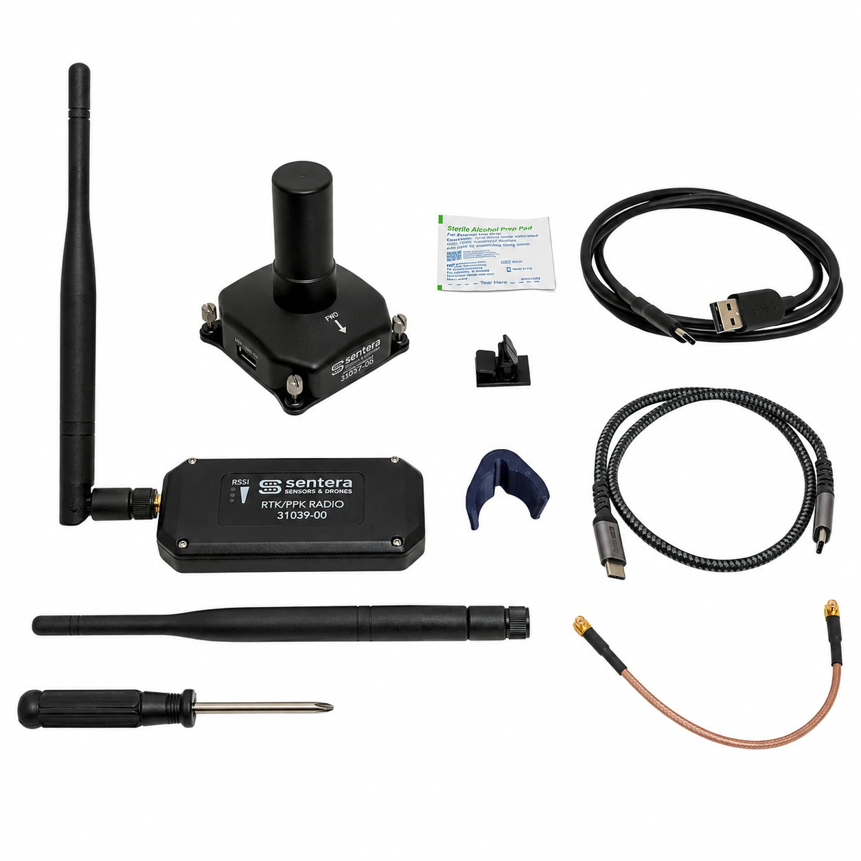 Inspired Flight Sentera RTK/PPK Module, RTK/PPK radio, antennas, cables, and accessories laid out